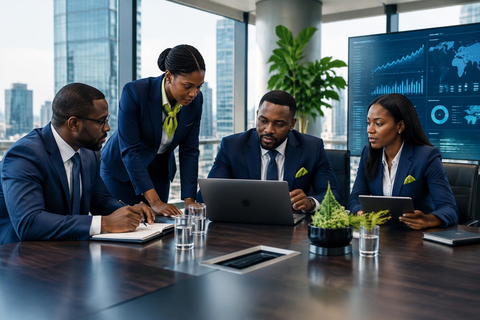 AFRINITY investment professionals reviewing financial data in a modern banking environment