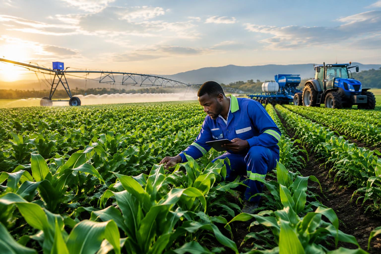 BASE agronomist inspecting irrigated crops beside modern agricultural machinery