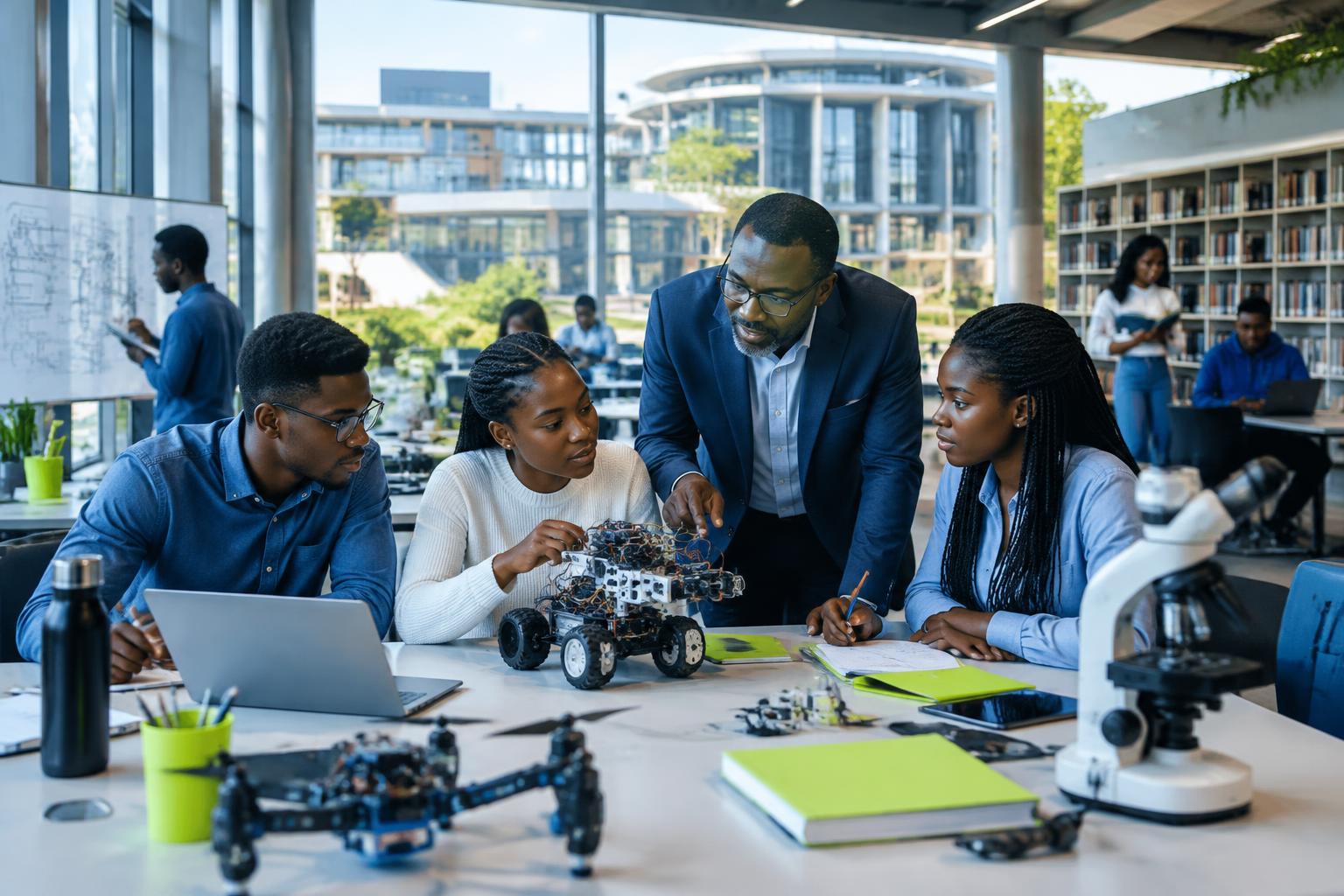 BIG University students and professor collaborating in an innovation laboratory