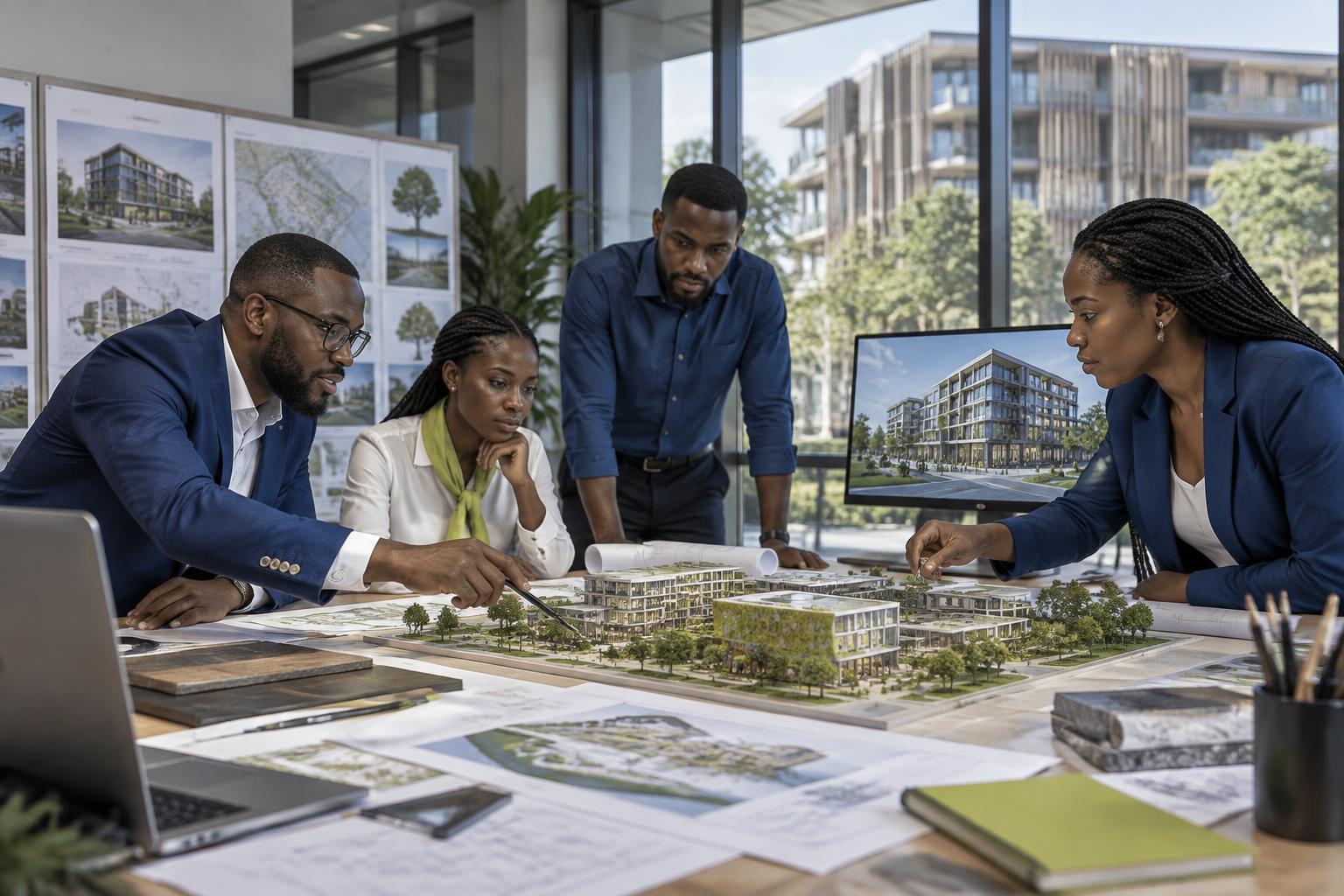 STRUCTURA architects and urban planners reviewing a sustainable development model in a contemporary design studio